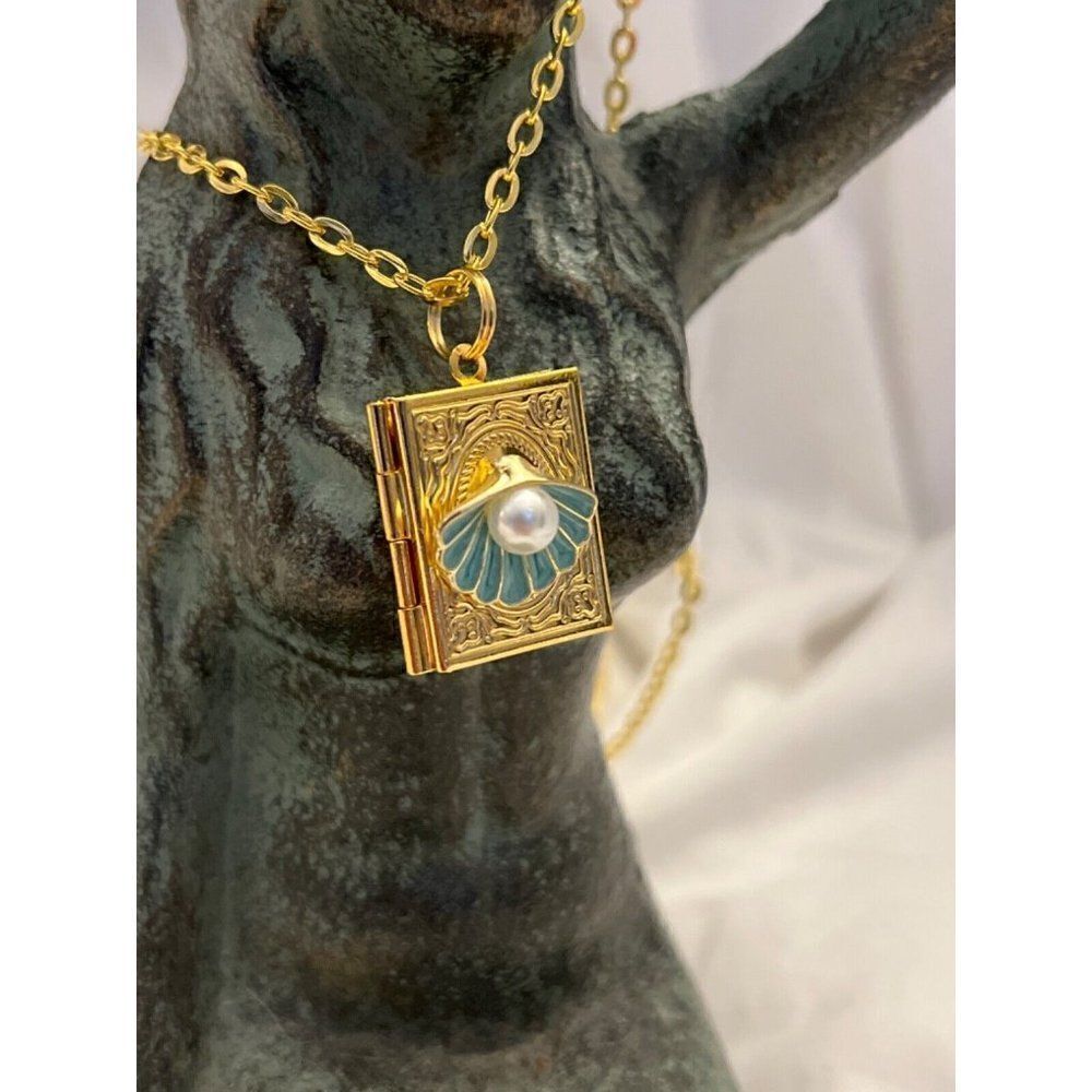 PEARL SHELL BOOK GOLD LOCKET TEAL TURQUOISE FLOWER SEA OCEAN NECKLACE